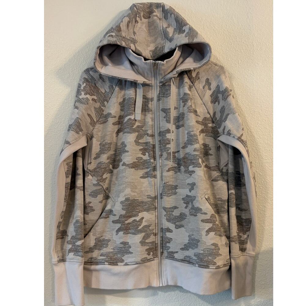 Athleta Women’s Large Gray Camo Full Zip Hoodie Thumbholes Fleece Lined